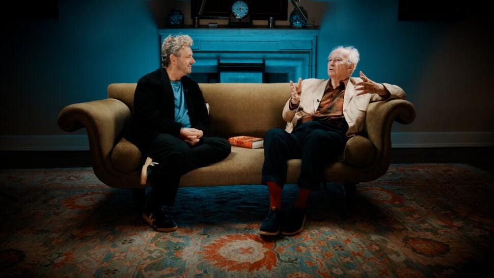 Narrator Michael Sheen in conversation with author Philip Pullman.