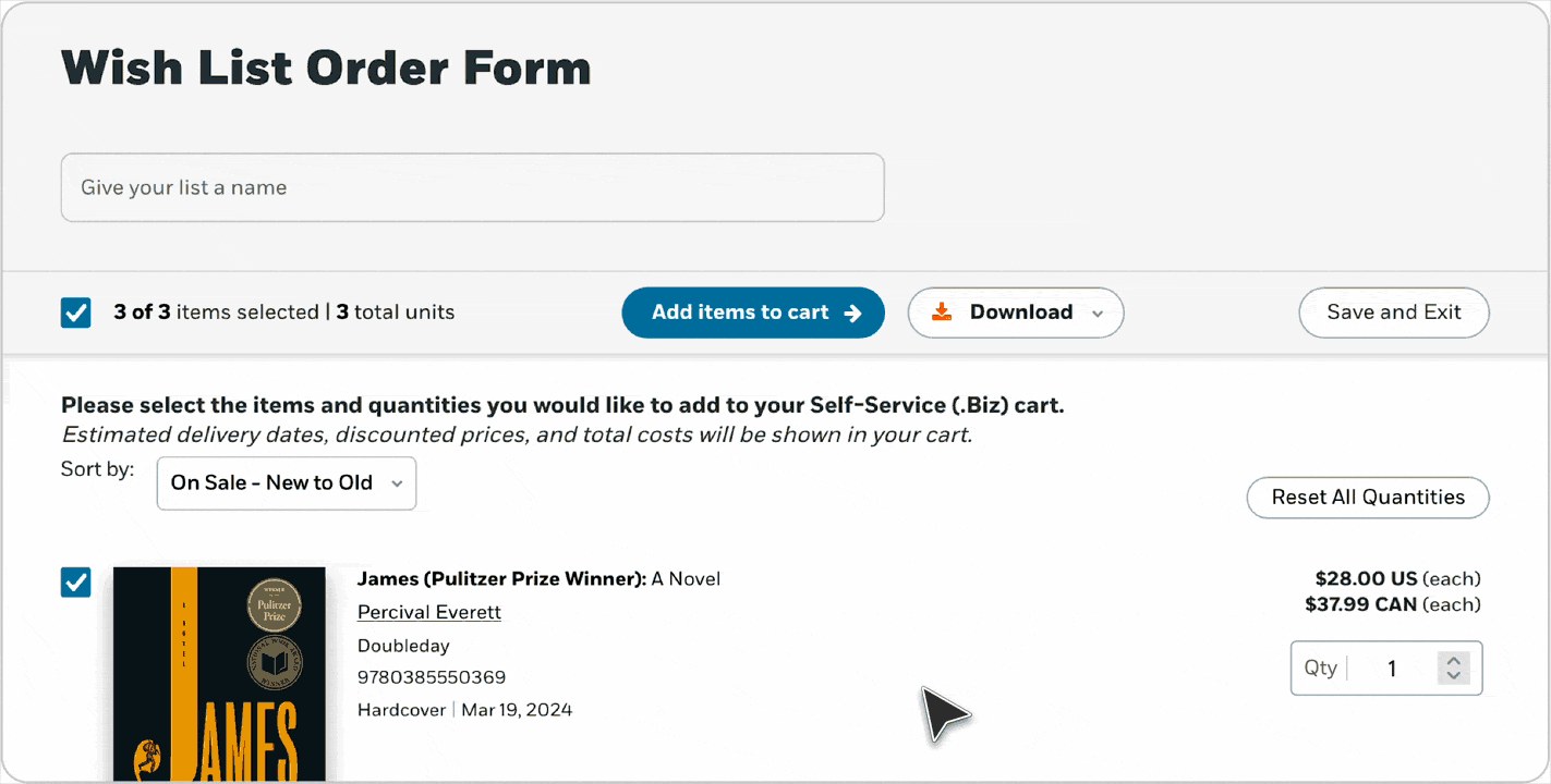 After adjusting quantities on Order Form and you are ready, click "Add Items to Cart" 