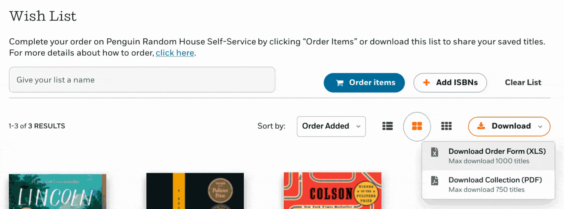 Select "Download Order Form" from the "Download" button on the Wish List page